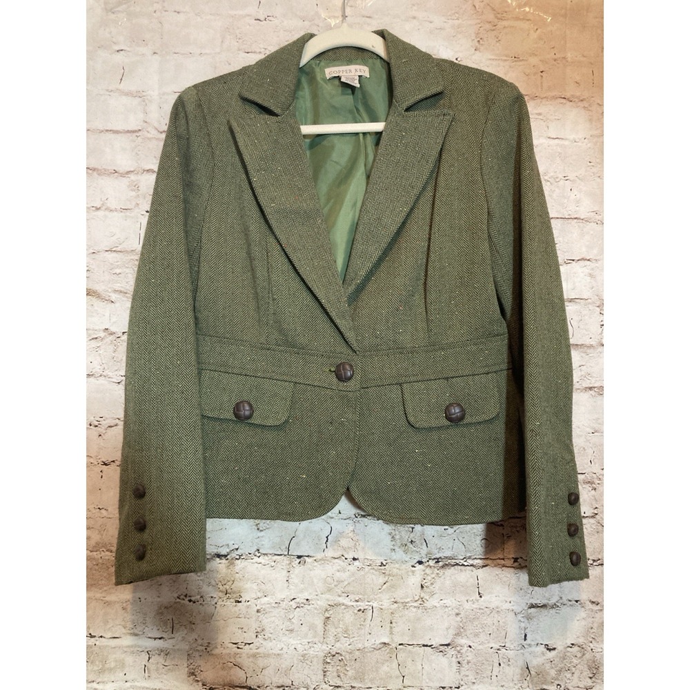 Copper Key Blazer Womens Medium In Sage Green Speckles Academia Wool Blend.